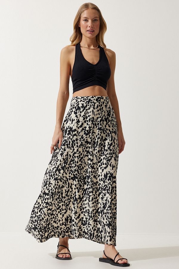 Happiness İstanbul-Creme-schwarz gemusterter langer Viskoserock für Damen DD01302 1