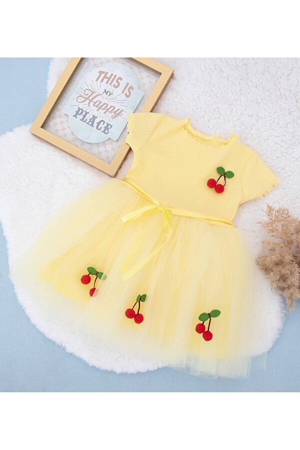 bonalind Üstü Ribana Kumaş Altı Astarlı Tüllü Kirazlı Kız Çocuk Elbise