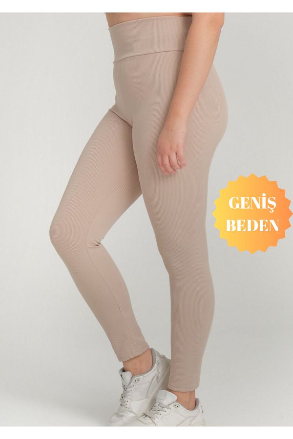 BANEGA Curve Plus Size Ribbed High Waist Cream Tights Trendyol