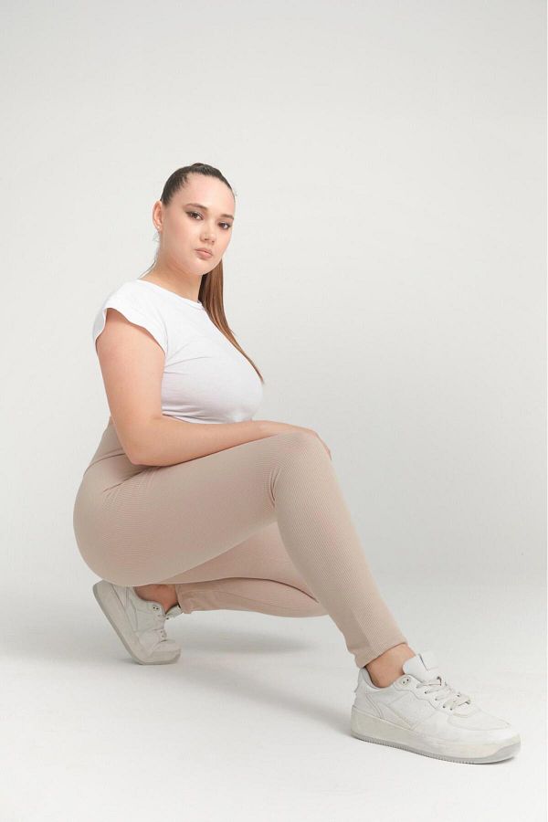 BANEGA Curve Plus Size Ribbed High Waist Cream Tights Trendyol