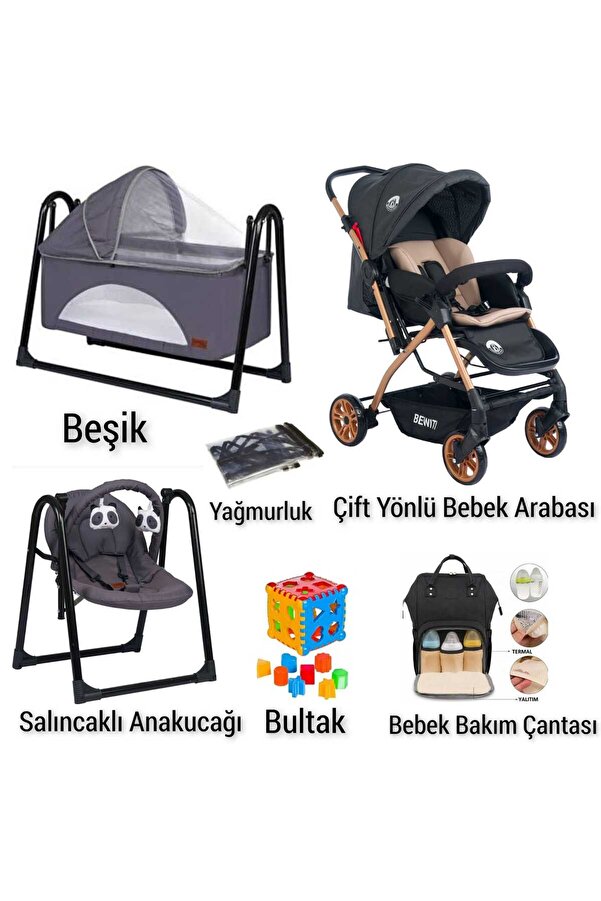 4KİDS Bebek Çeyiz Seti 6 Parça Çift Yön Bebek Arabası Beşik Ana kucağı Çanta Yağmurluk Bebek Seti