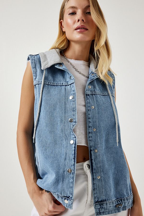 Hooded denim vest womens online
