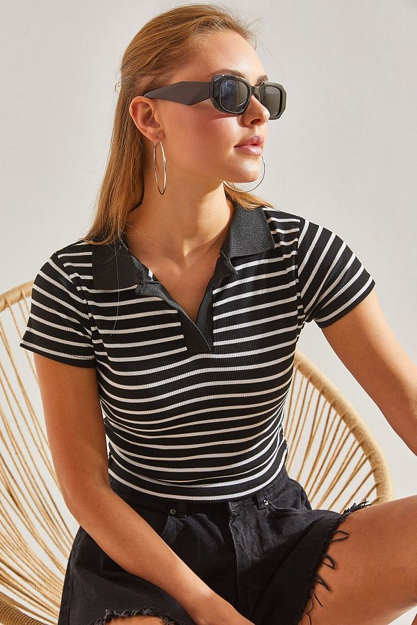 Bianco Lucci-Women's Polo Neck Striped Blouse 1