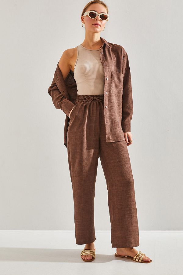Bianco Lucci-Women's Elastic Waist Trousers Bottom and Top Set 1