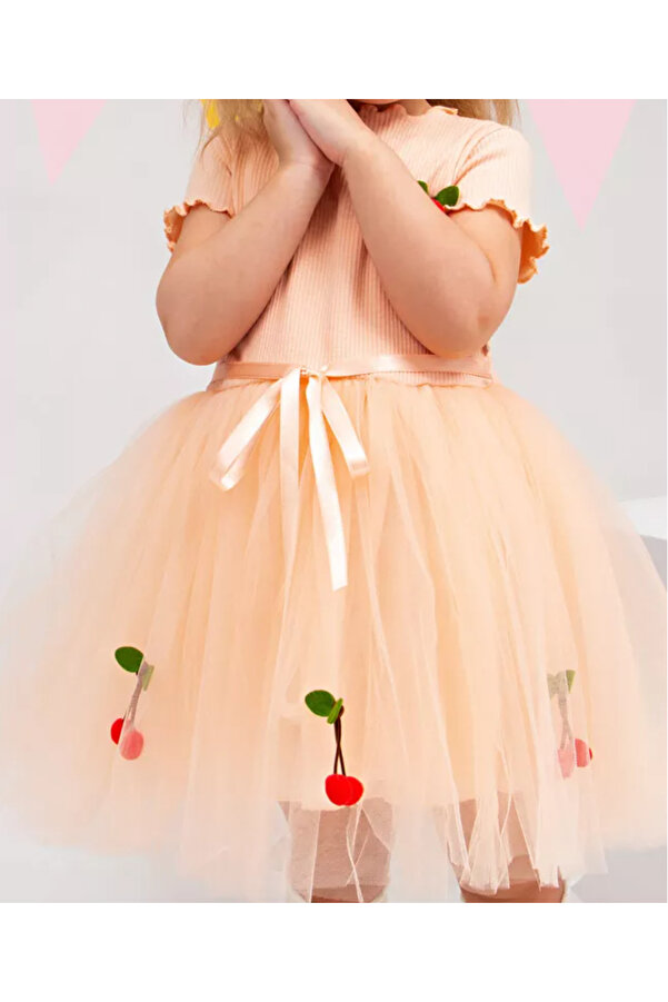 bonalind Üstü Ribana Kumaş Altı Astarlı Tüllü Kirazlı Kız Çocuk Elbise