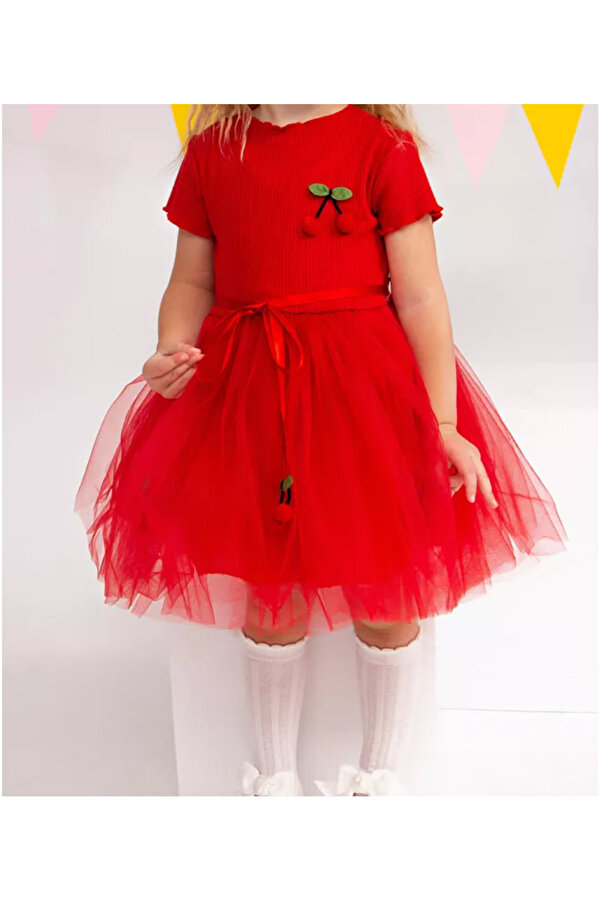 bonalind Üstü Ribana Kumaş Altı Astarlı Tüllü Kirazlı Kız Çocuk Elbise