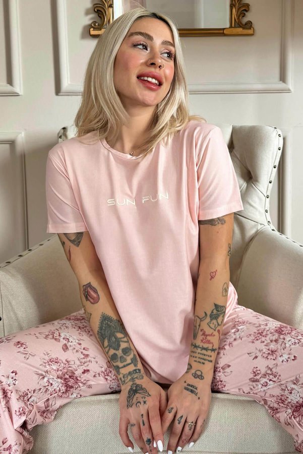 Pijamaevi Coral Sun Patterned Short Sleeve Knitted Women's Pajamas Set