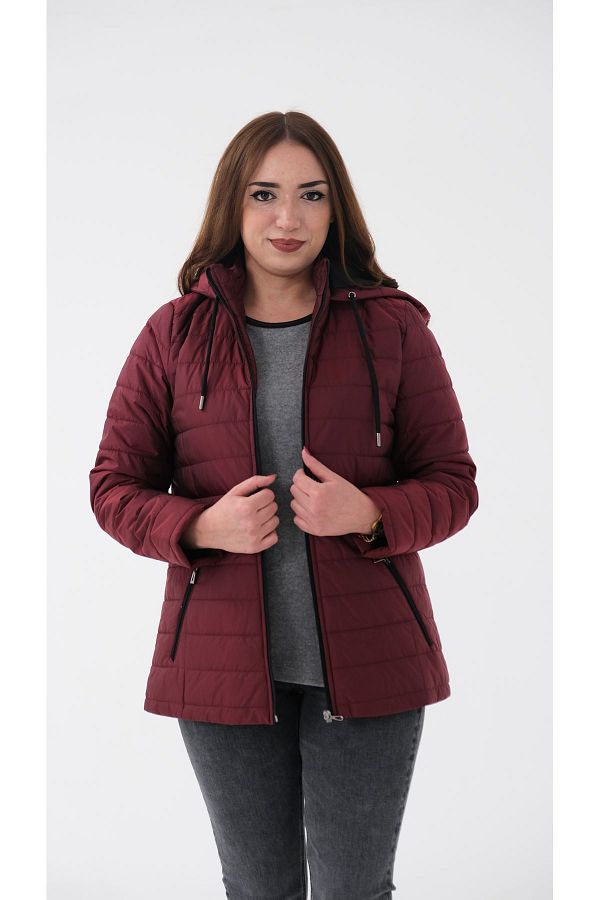 Blues Outlet-PALTON MATLASAT CU Glugă, PENTRU FEMEI, ROȘU CLARET 1