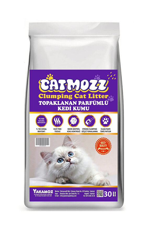 CatMozz 30 LT Premium Topaklanan Özel Parfümlü Bentonit İnce Beyaz Kedi Kumu Maxi Paket