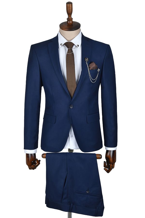 DeepSEA-Pánsky tmavomodrý slim fit dvojdielny oblek s jedným gombíkom2303103 1