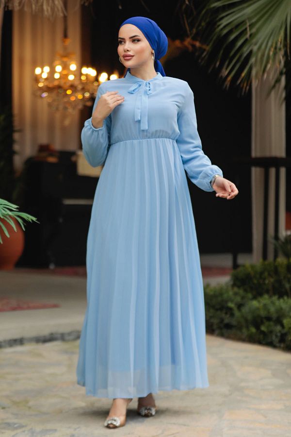 Neva Style Baby Blue Hijab Dress with Tie Collar 50351BM Trendyol