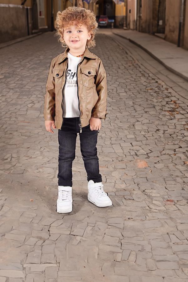 Salerno Baby Boy 3 Piece Set Leather Jacket Jeans Trousers and Cotton Sweater 6 18 MONTHS Trendyol