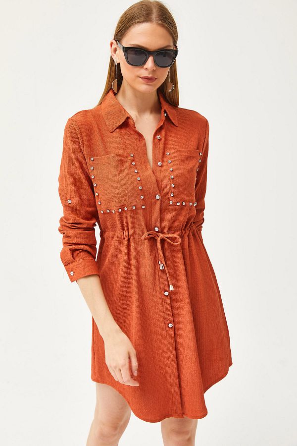 Olalook-Women's Tile Pocket Waist Lace-up Stone Detailed Shirt Dress ELB-19002064 1