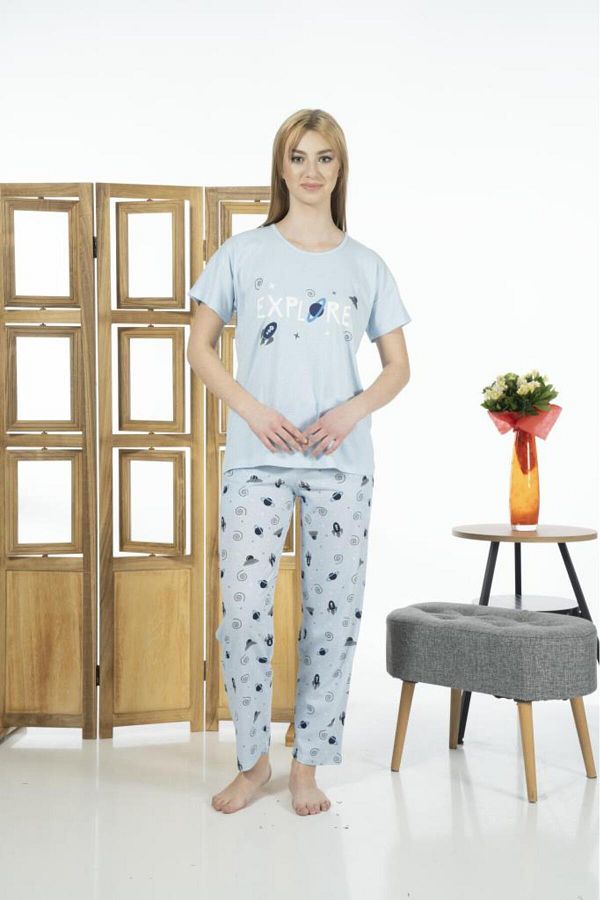 Estiva Women s Space Patterned Short Sleeve Summer Combed Cotton Pajama Set Trendyol