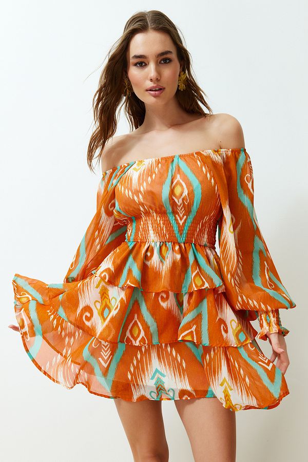 Trendyol Collection-Orange Floral Skater Mini Dress Carmen Collar Chiffon Lined 1