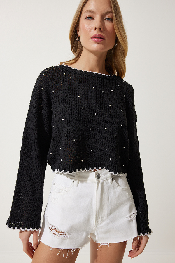 Spitze Pullover Damen Pulli Mit Perlen Feinstrick-Pullover Mit