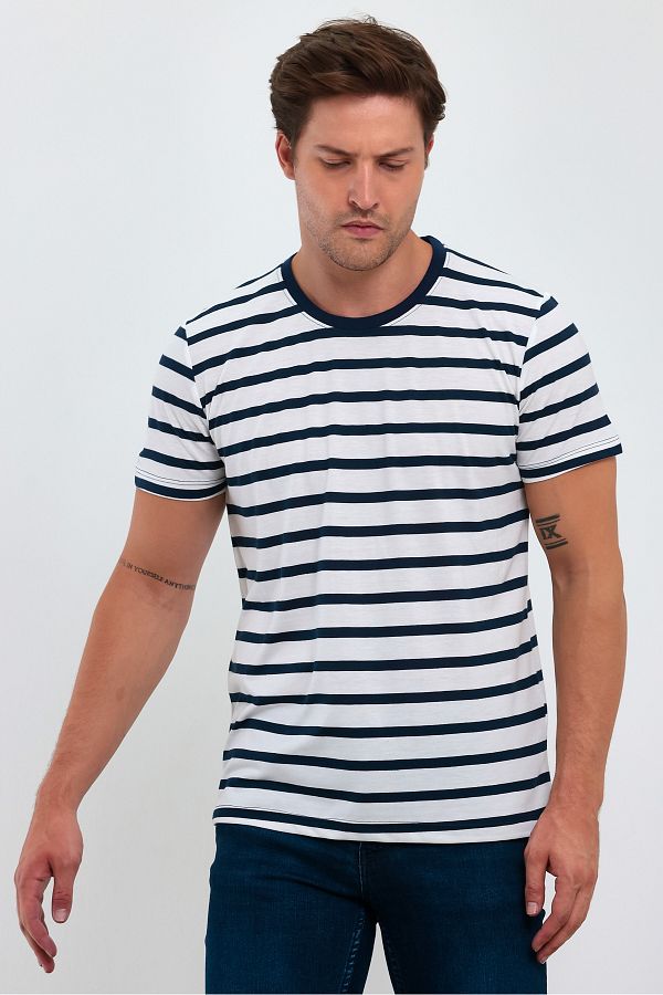 COMBİNE MİCHAİL-Tricou cu dungi cu mânecă scurtă pentru bărbați, albastru bleumarin 1
