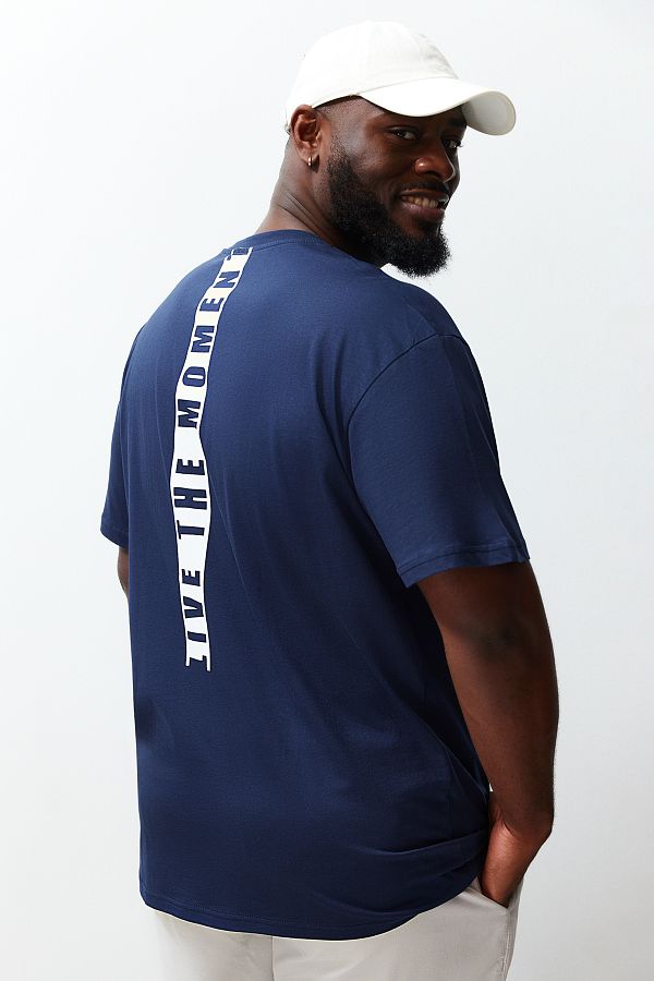 Trendyol Collection-Plus Size Navy Oversize/Wide Cut Back Lettering Printed 100% Cotton T-Shirt Tmnss24Bf00038 1