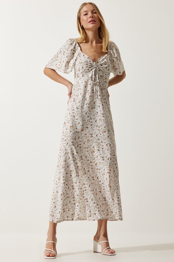Happiness İstanbul Women's Ecru Slit Detail Ruffled Viscose Dress UB00247