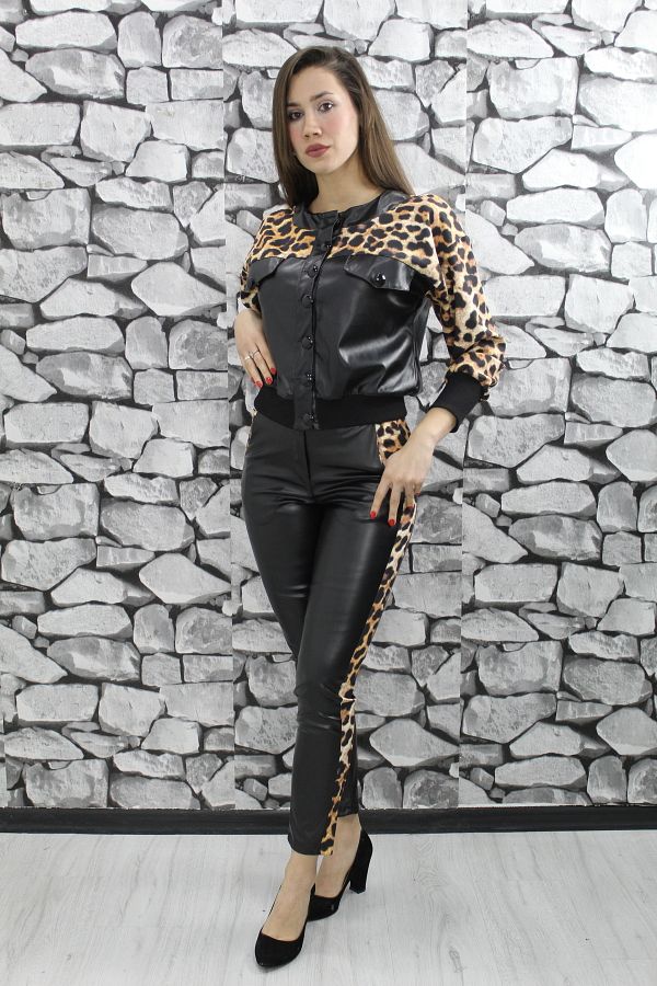 1Moda1Tarz-Women's Mink Leopard Pattern Buttoned Jacket Pocket Zippered Leopard Pattern Trousers Leather Bottom-Top Set 1