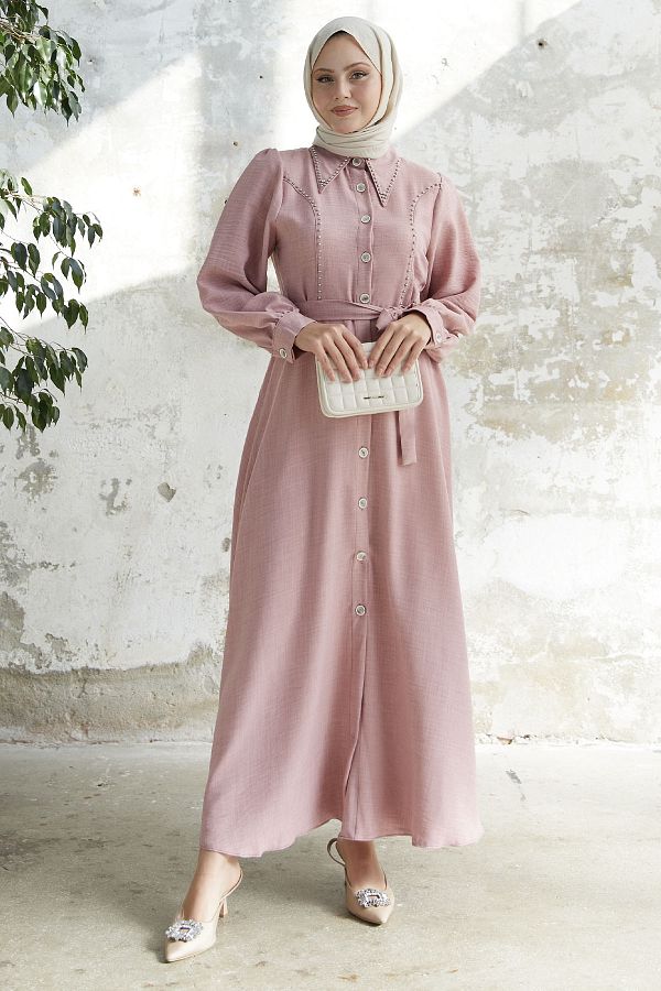 InStyle-Beaded Buttoned Linen Dress - Powder 1
