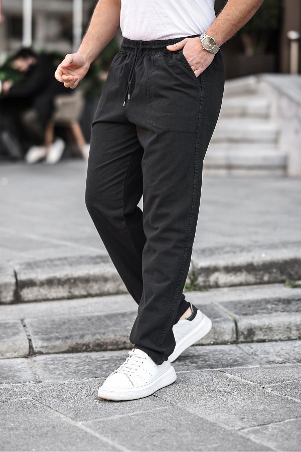 COMBİNE MİCHAİL-Black Color Men's Summer Linen Blend Relaxed Pants 1