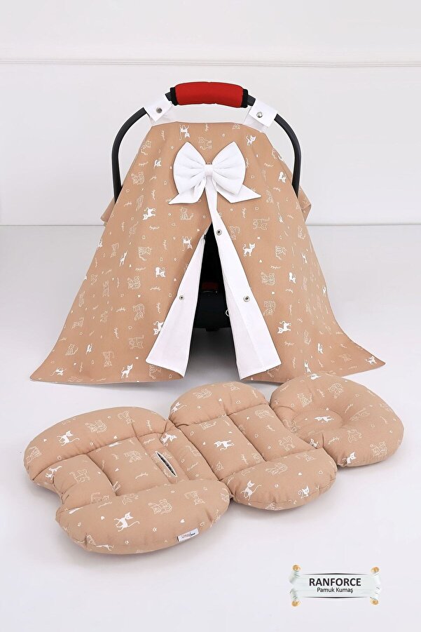 Umaybebek Puset Örtüsü Puset Minderi 2 Parça - Bel Destekli - Kedi Desen