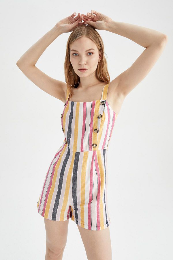 Defacto Linen Blended Strappy Striped Short Jumpsuit Square Collar W8575az22sm Trendyol