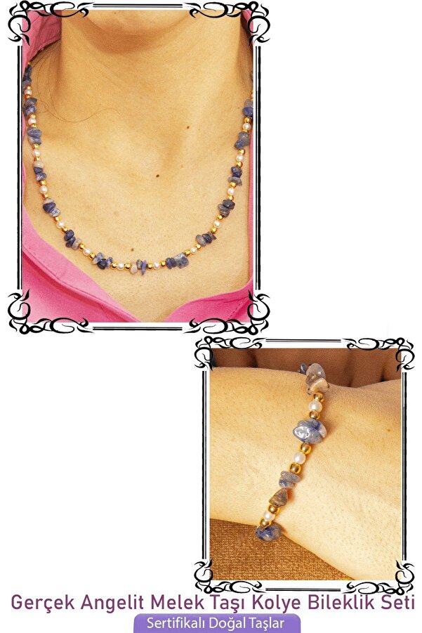 Tesbih Atölyesi-Certified Pearl Angelite - Natural Stone Necklace Bracelet Set with Angel Stones 1