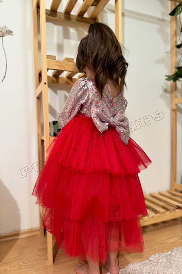 penu baby kids Kırmızı Payetli Uzun Kol Tül Etekli Kız Bebek Elbise - Elizabeth