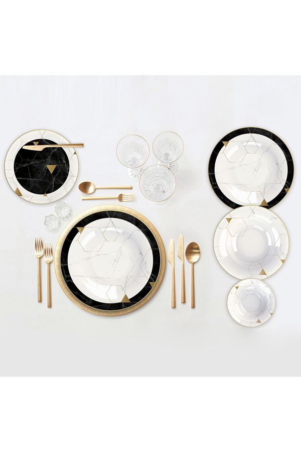Karaca-Gem Tafelservice für 6 Personen, Teller Set 6 Personen, Porzellan, Dessertteller, Suppenschüssel 1