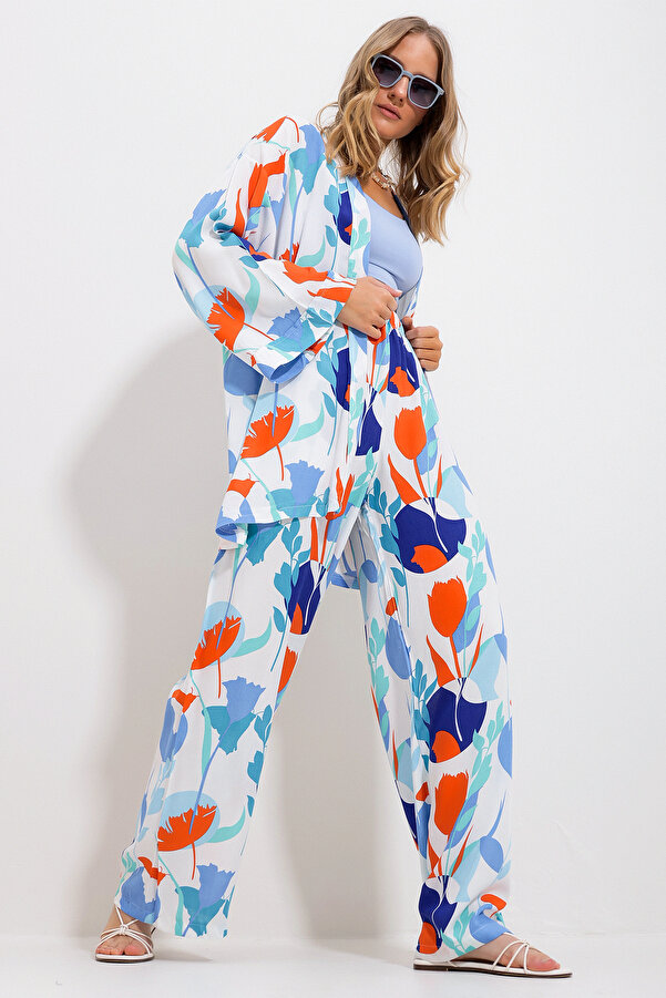 Trend Alaçatı Stili Women's Blue Kimono Jacket and Palazzo Trousers Set  Alc-X11750- Trendyol