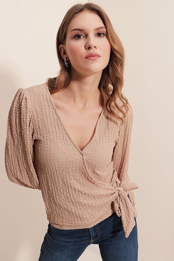 Bigdart-0441 Wrap Knitted Blouse - Beige 1