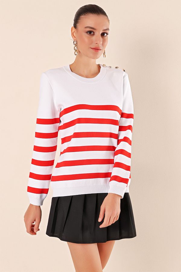 Bigdart-15820 Button Detail Striped Sweater - C.red 1