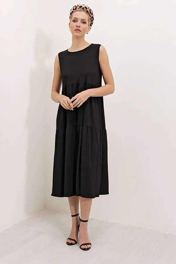 Bigdart-2448 Langes Strickkleid mit Nullärmeln - Schwarz 1