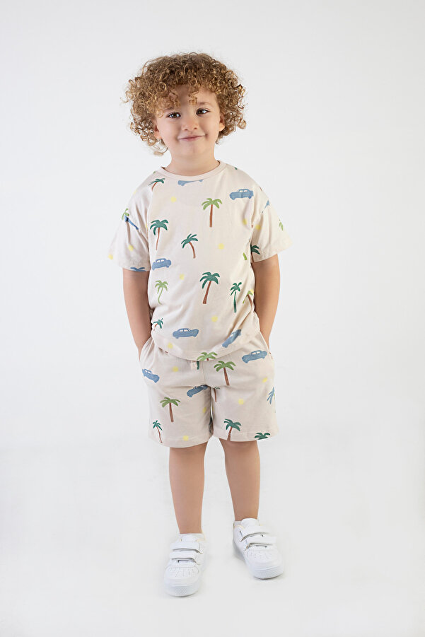 HARİKA KİDS Erkek Çocuk Palmiye Baskılı Çizgili Kısa Kollu Şortlu Alt Üst Takım