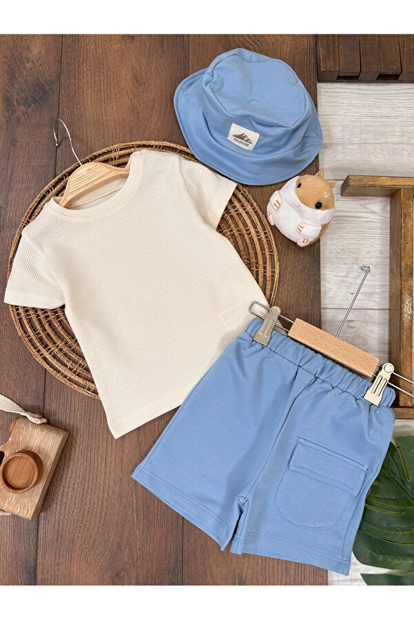 Babexi Oversize Safari Şapkalı Cep Detaylı Omuzdan Çıtçıtlı Waffle Tshirt Yazlık Erkek Bebek Takım