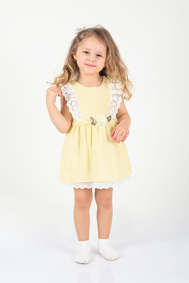 Melekpare Kız Bebek Çocuk Elbise Çiçekli Dantel Detaylı %100 Pamuk Gofre Elbise