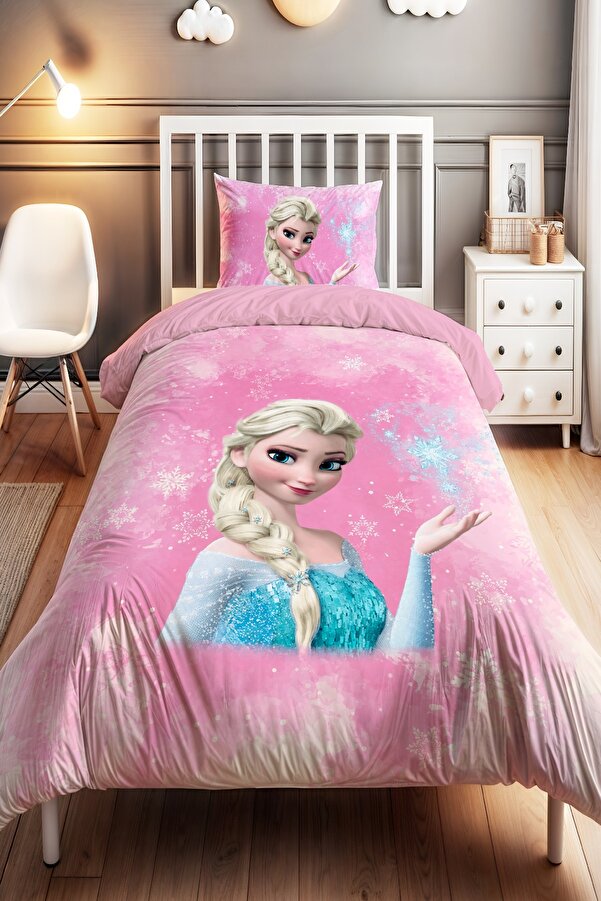 Evpanya Kar Kristallı Pembe Elsa Desenli Tek Kişilik Bebek Çocuk Nevresim Seti