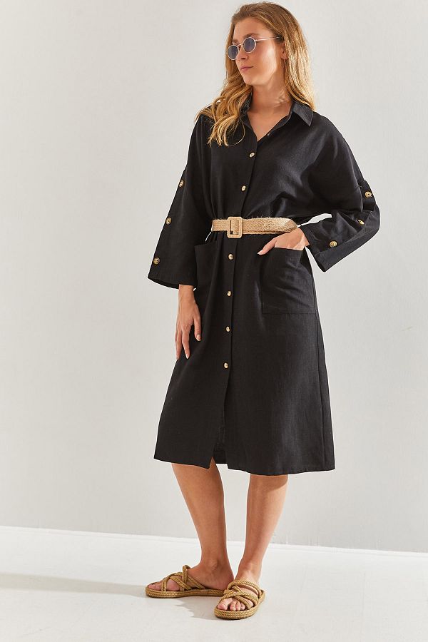 Bianco Lucci-Linen Shirt Dress - Straw Belt, Women's,60171014 1
