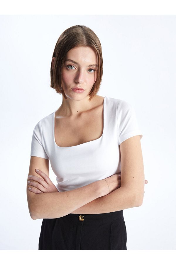 LC Waikiki-Square Neck Plain Short Sleeve Women's T-Shirt 1