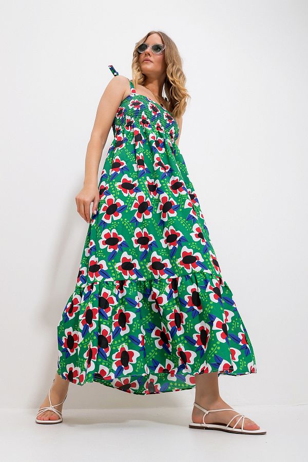 Trend Alacat Stili Women s Green Strap Skirt Flannel Floral Print Guiped Woven Dress Alc X11734 Trendyol