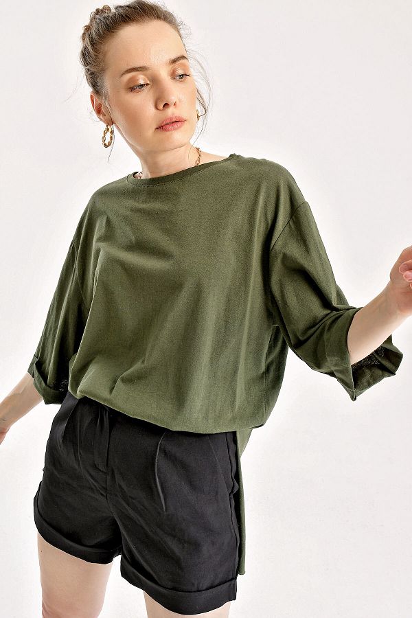 Bigdart-4123 Slit Oversize T-Shirt - Khaki 1