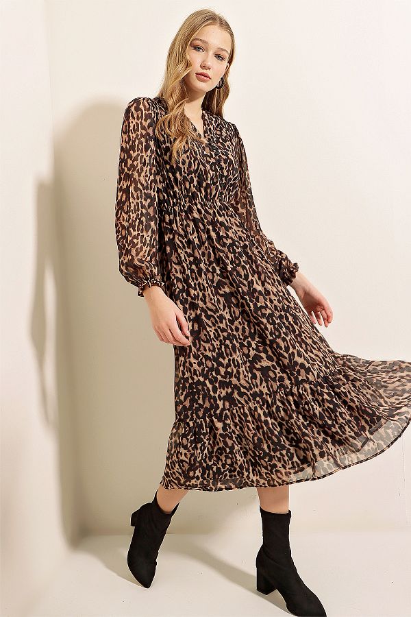 Bigdart-2137 Patterned Chiffon Dress - C. Brown 1