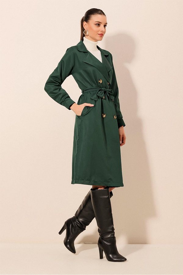 Bigdart 5853 Double Breasted Collar Trench Coat Emerald Green Trendyol