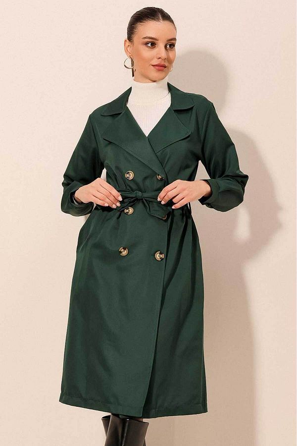 Bigdart 5853 Double Breasted Collar Trench Coat Emerald Green Trendyol