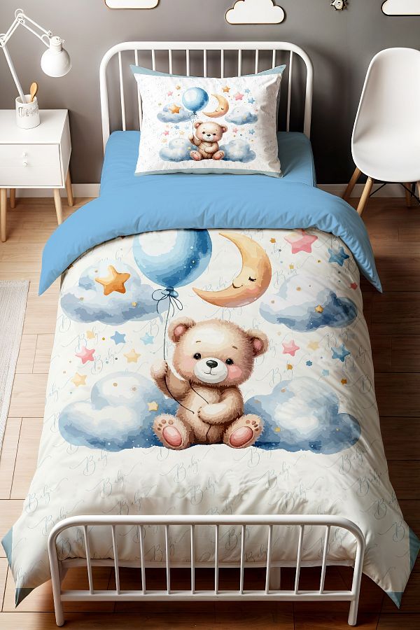 Evpanya Teddy Bear in the Blue Clouds Patterned Single Baby Kids Bedding Set