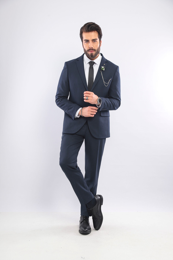 BS BLACK SMOKİN Men's Navy Blue Slim Fit Mono Collar Straight Suit