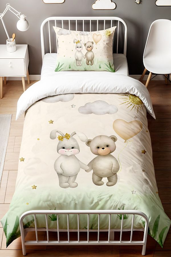 Evpanya Bear and Rabbit Sister Patterned Single Baby Kids Bedding Set