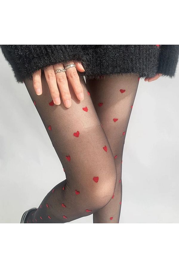 Fashion S Red Heart Pattern Black Pantyhose Trendyol